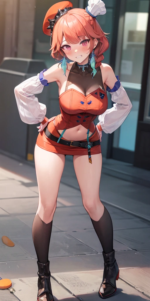 (1solofemale full body standing straight symmetrical, hands on hips) takanashi kiara, hololive, bent over, blunt bangs, blush, braid, breasts, clenched teeth, crown braid, leather collar (Best quality, 4k, Masterpiece :1.3)