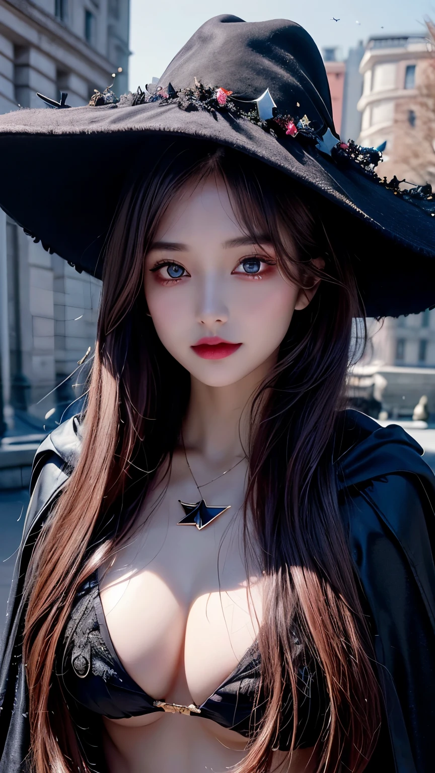 (Fatal Beauty,A charming villain,witch) ,(A supple and powerful physique),(Sensual charm),(Mysterious charm:1.1),(Captivating silhouette),((((Rainbow Eyes))))、((((big sapphire necklace))))、(Highest quality,High resolution:1.2),(dark,Threatening:1.1),((dark horror theme:1.5),(thriller:1.5)),(Dark fantasy:1.5), (((Countless stars fly away:1.5),(absurdes:1.5),(wonderful:1.5))),Woman in a dress, (Powerful numbers:1.1),(((Big Breasts))),(((muscular:1.1))), cute face, Sexy Face, , Very detailedなbeautiful女の子, (Ideal body type:1.8), Very detailed faceexpressive lips, (Very beautiful、Crisp big eyes:1.5), Fine skin., All features are shown in detail., The outline of the fingers is beautifully drawn....., The nose is precisely shaped., expressive lips, Perfect Anatomy,cute、Realistic、(Front view:1.4),(Face Focus:1.3), realistic girl rendering, 8k artistic german bokeh, Enchanting girl, Real Girls, Gurwitz, Gurwitz-style artwork, Girl Roleplay, Realistic 3D style, cgstation Popular Topics, 8K Portrait Rendering,(truth,truth:1.4),Sexy Body,( Very lean body:1.6),Sexy pose, blush, Attractive body, Very curly hair, Purple Curly Hair, very big hair, Very curly hair, prime color,suprban,Very detailed,masterpiece,Intricate details,Faded,Very detailed, Eye on the details,Intricate details,Dark and spooky atmosphere, spiritual being, supnforgettably beautiful, Ghostly figures, Shadow-like shape, Spooky whispers, Ominous Aura, Goth Maiden, Like dazzling fur in a starless haze,Her Mogul Snaps, Mysterious Cemetery,Black hair swaying in the moonlight, She summons darkness, (beautiful: 1.7), (Black Hat: 1.6), (An intricately decorated jet-black cloak: 1.6), (Delicately decorated cloak, Despite the damage: 1.5), Hypermaximalist, Breathtaking oil paintings, surreal, supltra-realistic digital illustrations that mimic the style of oil paintings, wonderful composition, (Shining Eyes:1.6)、(Glowing Eyes:1.1),(hellish landscape:1.1),(fire,sulfur:1.1),(Threatening atmosphere:1.1),(dark shadows,Threatening presence:1.1),(sup