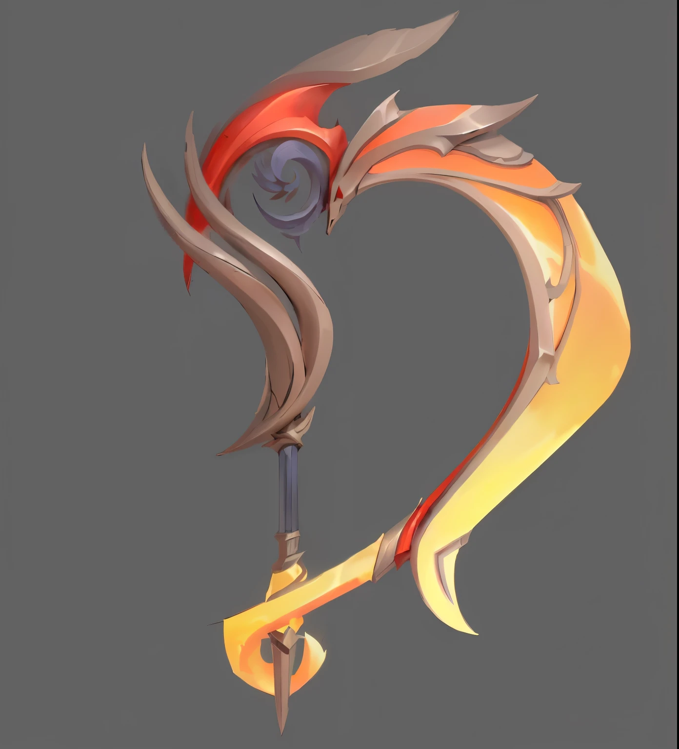 There is a very long sword,There are red and yellow flames on it, Dragon Staff, Weapon concept art, Dragon Staff, 奇幻sickle, Fantasy weapons, Huge stylized shoulder armor, Weapon Design, Intricate Fantasy Spear, fire staff, Weapon Concept Art, glowing Dragon Staff, sickle设计, sickle, Sword weapons, Prop Design