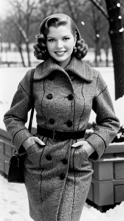 Rita Hayworth dressed in sexy winter clothes and smiling