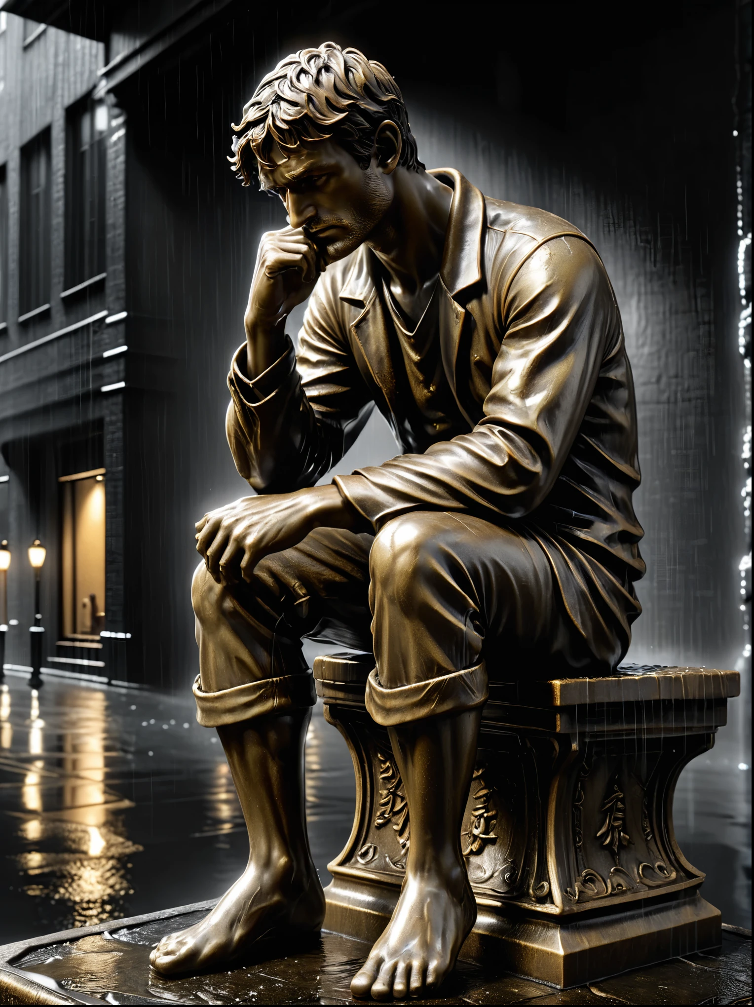 a thoughtful man, bronze sculpture, 1 man sitting in deep thought, rainy day, gloomy background, dramatic lighting, moody atmosphere, masterful craftsmanship, realistic details, (best quality,4k,8k,highres,masterpiece:1.2),ultra-detailed,(realistic,photorealistic,photo-realistic:1.37),intricate textures,dramatic shadows,cinematic composition,melancholic,pensive expression,bronze statue,classical art,Western sculpture,20th century art