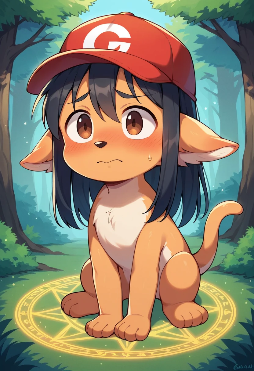 masterpiece, best quality, expressive eyes, perfect face, a man get transformed into monkey, red baseball cap,  solo, surpriced, blushed, naked, nsfw, ecchi, long hair, black hair, brown eyes, full body, in a magic forest, glitter, embarrassed pose, magic circle on the floor. cute pussy, 