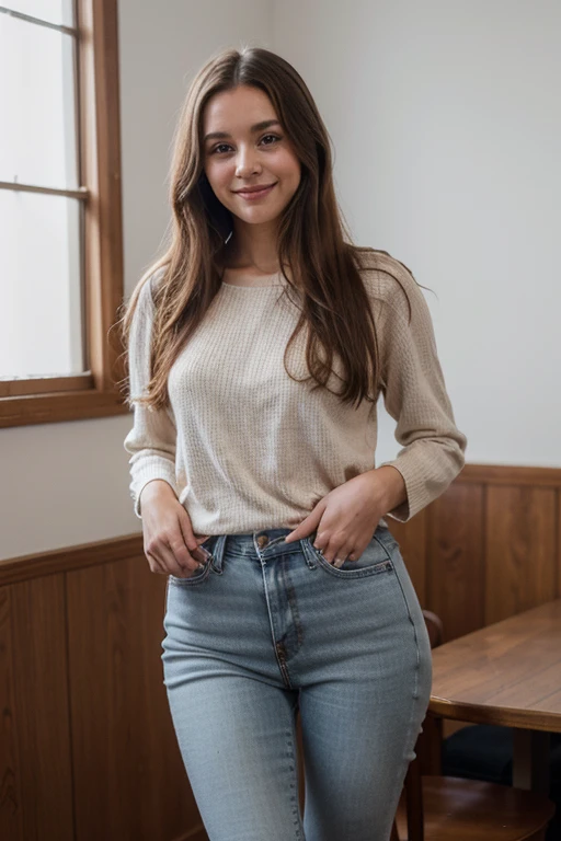 beautiful woman wearing casual clothes,long hair woman,wearing Celine clothes,smile at the camera,wearing jeans,very detailed picture,Very realistic picture