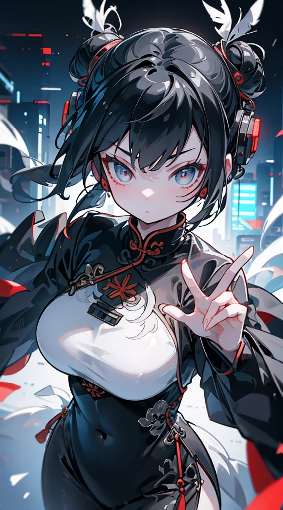Cyberpunk style,Crane Girl,Crane element,Black and white elements,White long hair,White hair,feather元素,feather装饰,仙鹤wing,白色wing,白色wing,feather,wing,wing,wing,feather,cheongsam鸟女孩,Black and white glowing lines,Chinese style,Chinese style,Chinese style,Cyberpunk style,cheongsam,黑白cheongsam,Fighting posture,Combat stance,Boxing Stance,Boxing Stance,cheongsam,cheongsam下摆,黑白cheongsam,White hair,Black hairpin,Bun head,Ball head,Black hair band,Sci-fi style decoration,Close-up above the waist,City background,Street background,Cyberpunk duct background