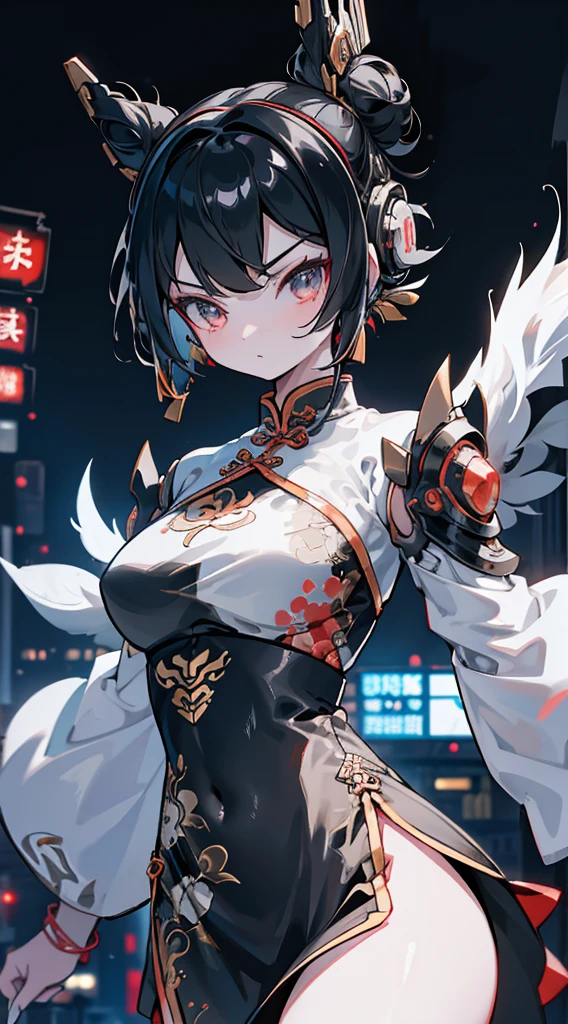 Cyberpunk style,Crane Girl,Crane element,Black and white elements,White long hair,White hair,feather元素,feather装饰,仙鹤wing,白色wing,白色wing,feather,wing,wing,wing,feather,cheongsam鸟女孩,Black and white glowing lines,Chinese style,Chinese style,Chinese style,Cyberpunk style,cheongsam,黑白cheongsam,Fighting posture,Combat stance,Boxing Stance,Boxing Stance,cheongsam,cheongsam下摆,黑白cheongsam,White hair,Black hairpin,Bun head,Ball head,Black hair band,Sci-fi style decoration,Close-up above the waist,City background,Street background,Cyberpunk duct background