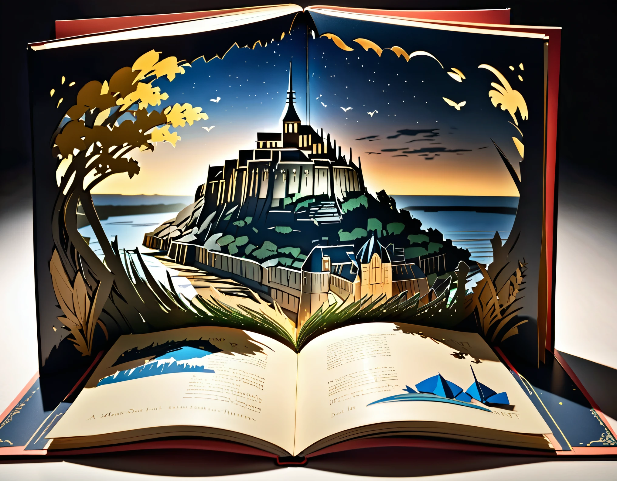 (masterpiece:1.2, Highest quality,Highest quality,Super detailed),(Very detailed),8k(Mont Saint-Michel Pop-Up Book:1.5),(Cinema Lighting),(Written boundary depth),(Sophisticated lighting:1.2),(Chiaroscuro),(Origami art)
