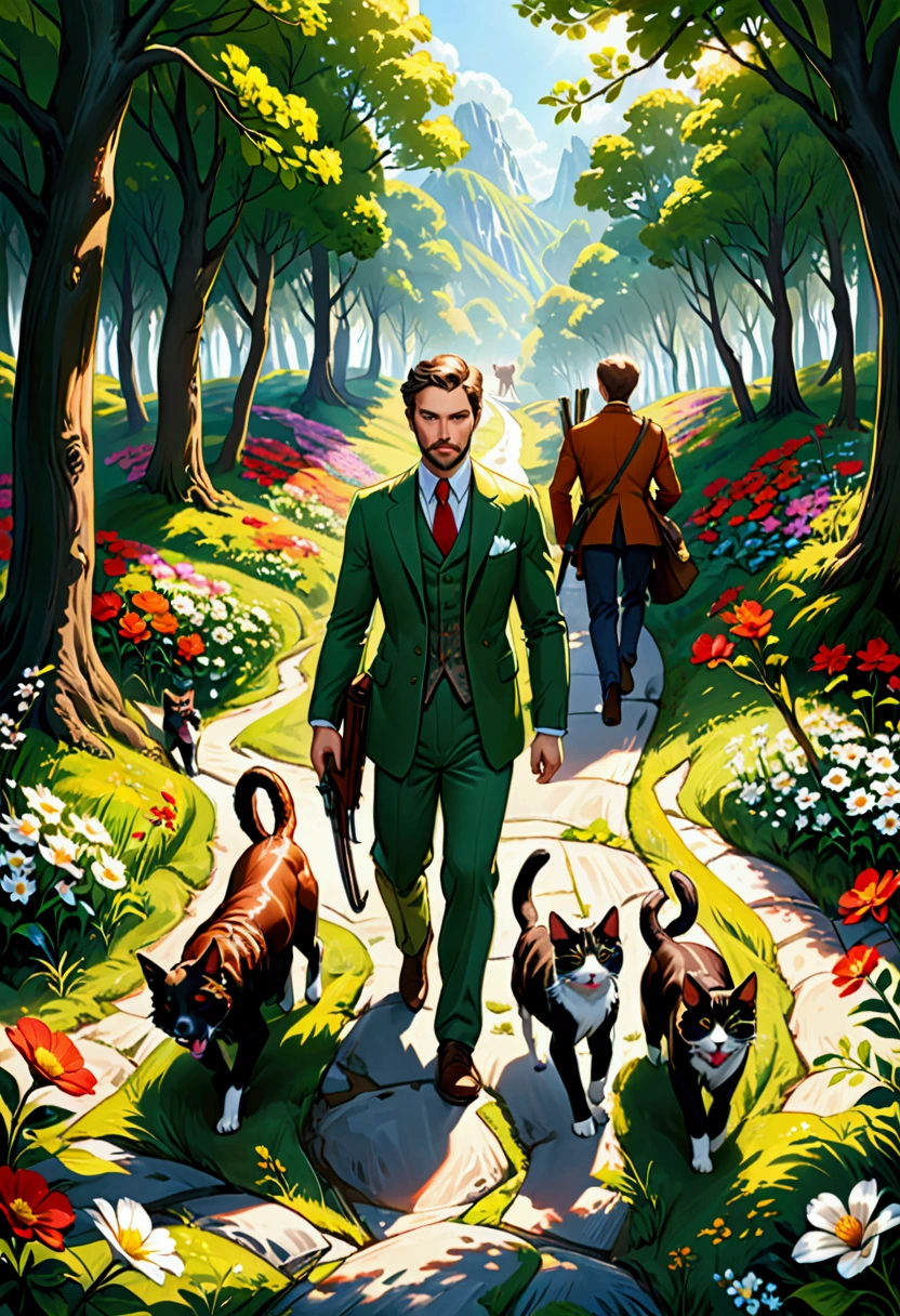 (Top Quality, Ultra Detailed, Realistic: 1.37), From a diagonal side view, Humorous, Cartoon style, Thick lines, Children's storybook illustration, Bright colors, Two hunters with hunting rifles in their hands walk carefully down a path through a flowered forest, while two hounds gallop around them. In the middle, an anthropomorphic human-sized cat dressed in a 19th century suit walks alongside them.
