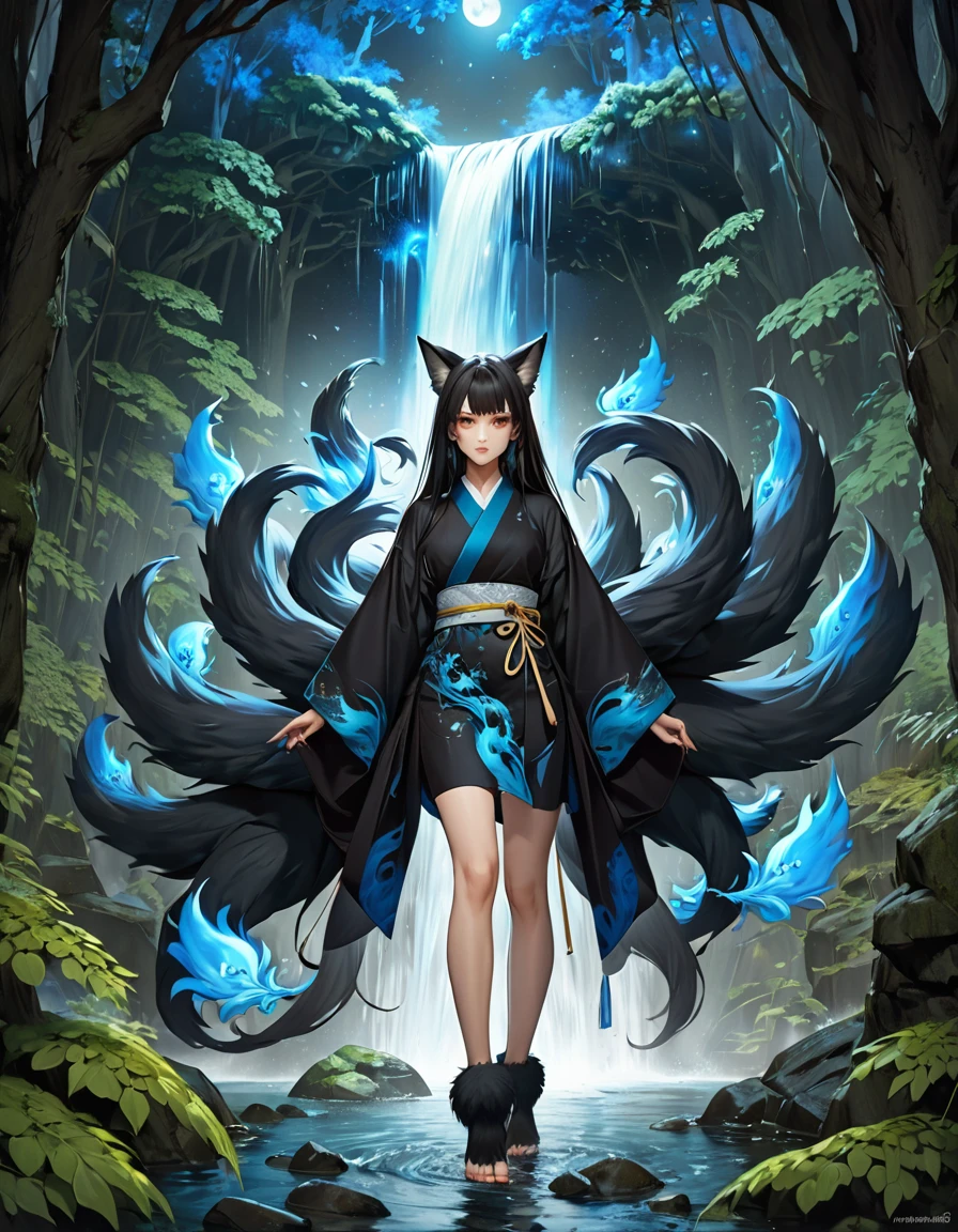 ((full body shot at distance)) , (((1girl))), (realistic fox-girl with black hair and nine tails surrounded by motes of blue fire, looking at a waterfall) , (nine tails with black fur:2.0 ) , (image centered on subject with her tails spread behind her:1.5), {subject facing away), (waterfall), moon , (anatomical perfect), (beautiful human face, high cheekbones, green eyes  fox ears) , (very detailed ankle length kimono with a loose fit:1.5 ) , inspired by Sugimura Jihei, delicate and fine, (tentacles:fox tails:0.5), white form, inspired by Sōami, jormungand, mystical creatures, realistic, ultra detailed, dynamic pose, moonlit night detailed forest background, vegetation in the foreground
