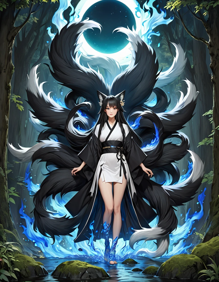 ((full body shot at distance)) , (((1girl))), (realistic fox-girl with black hair and nine tails surrounded by motes of blue fire, looking at a waterfall) , (nine tails with black fur:2.0 ) , (image centered on subject with her tails spread behind her:1.5), {subject facing away), (waterfall), moon , (anatomical perfect), (beautiful human face, high cheekbones, green eyes fox ears) , (very detailed ankle length kimono with a loose fit:1.5 ) , inspired by Sugimura Jihei, delicate and fine, (tentacles:fox tails:0.5), white form, inspired by Sōami, jormungand, mystical creatures, realistic, ultra detailed, dynamic pose, moonlit night detailed forest background, vegetation in the foreground