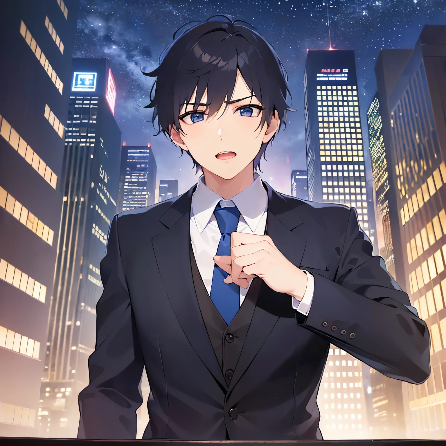 masterpiece、Highest quality、Shooting from below、 (25-year-old male:1.5) and(Black short hair) and (blue eyes), (suit:1.5) and (Blue tie）(suit:1.5) and (Blue tie）、 eyes widen、blush,Serious,open mouth,The background is the city at night,(Night Sky：1.5)