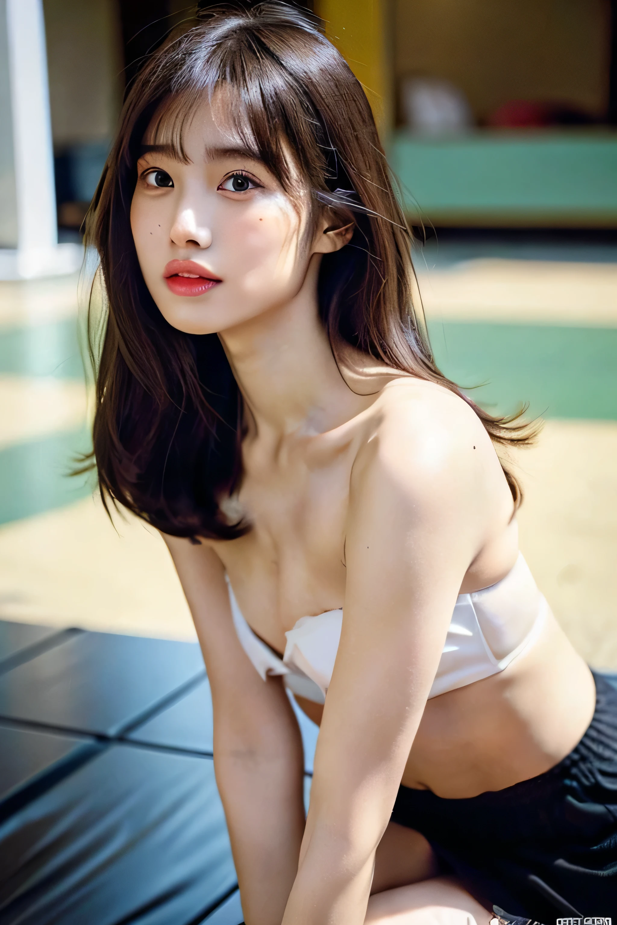(8K、Raw photography、Your face is illuminated by lights、top-quality、outside of house、Shunguang、Bright lighting front gym sitting、masterpiece:1.2)、(realisitic、White panty、White shorts、Photorealsitic:1.37)、Ultra mini skirt、Open your legs to the left and right、Open your legs wide from side to side、Green Bikini Top、White shorts、Leather skirt、ultra-detailliert、Full body posture、Beautiful constriction、large boob、large udder、超A high resolution、1人、Low-rise miniskirt、Beautiful navel、beautiful thigh、Beautiful bust、flaxen ponytail、Short clothing、see the beholder、beautifull detailed face、Constriction、(Slim waist) :1.3)、The shirt、Beautiful detailed skin、Skin Texture、floated hair、profetional lighting、