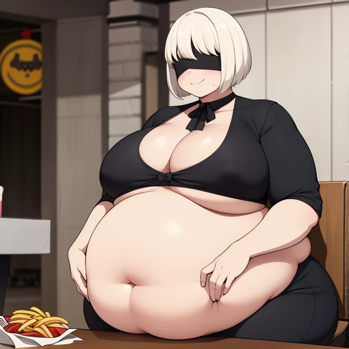 Fat girl With white short hair and his eyes are covered by a black band with a big belly and breasts, she is very big and fat, sitting while eating junk food. She is surrounded by hamburgers, French fries, and soft drinks, with a satisfied expression on his face. With a big belly and a round face with a double chin.