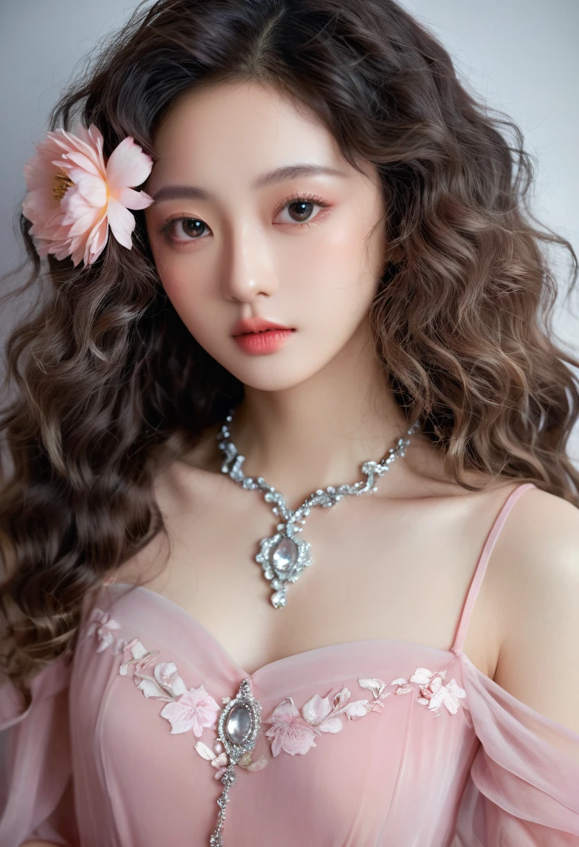 Fashion Photography Portrait Girl, cropped shoulders, Long fluffy curly hair,Pink dress，Pose in front of the flowers,  Soft light edge lights, beautiful shadow, low tune, Realistic, Natural skin texture, Realistic Eyes and Face Details, surrealism, necklace，photorealistic eye, translucent resin waves, utopian vision, qing dynasty, dark white and light gray, eye-catching tags