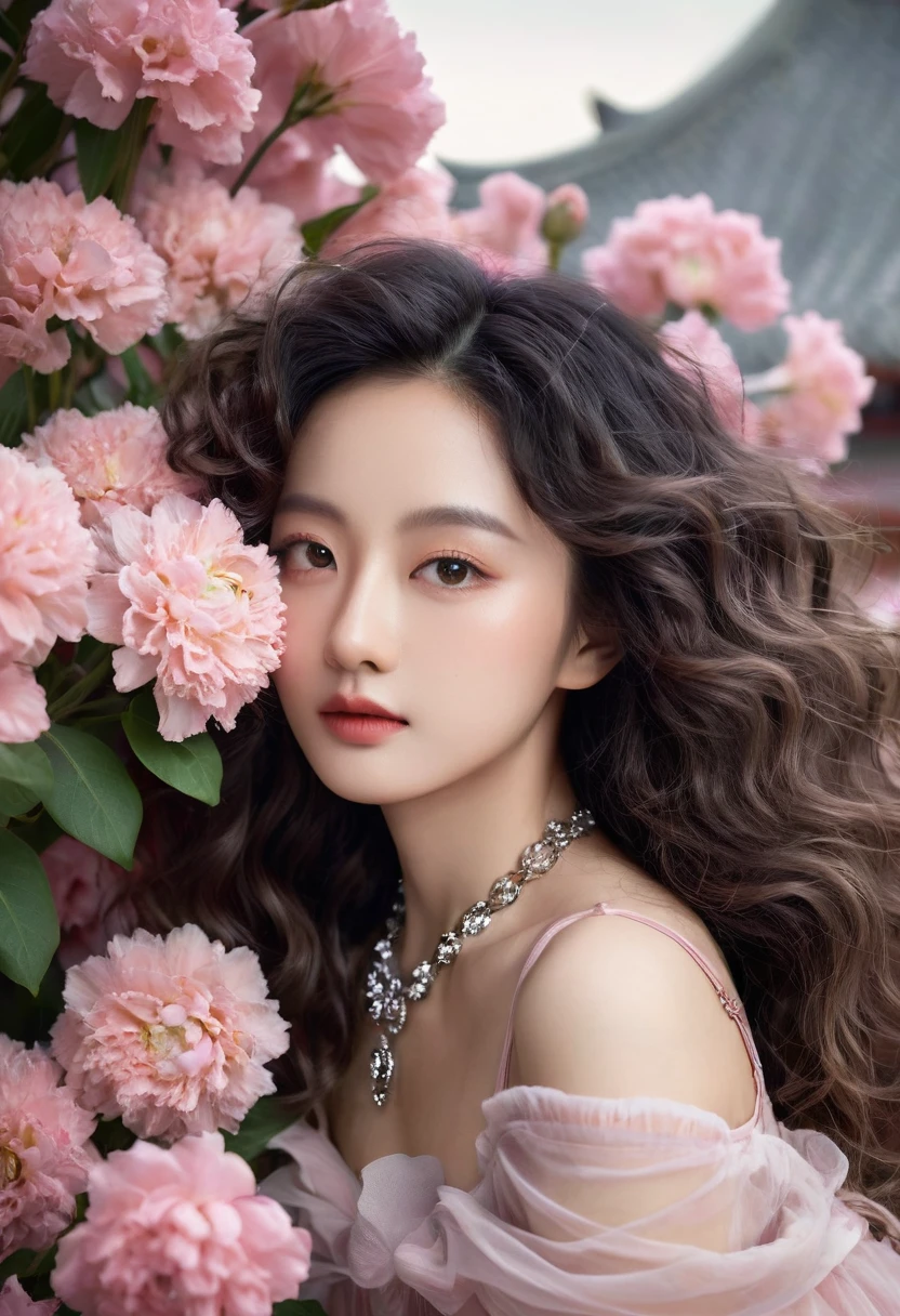 Fashion Photography Portrait Girl, cropped shoulders, Long fluffy curly hair,Pink dress,Pose in front of the flowers, Soft light edge lights, beautiful shadow, low tune, Realistic, Natural skin texture, Realistic Eyes and Face Details, surrealism, necklace,photorealistic eye, translucent resin waves, utopian vision, qing dynasty, dark white and light gray, eye-catching tags