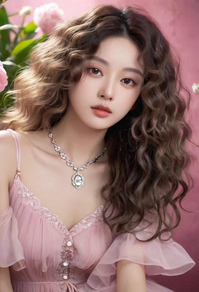 Fashion Photography Portrait Girl, cropped shoulders, Long fluffy curly hair,Pink dress，Pose in front of the flowers,  Soft light edge lights, beautiful shadow, low tune, Realistic, Natural skin texture, Realistic Eyes and Face Details, surrealism, necklace，photorealistic eye, translucent resin waves, utopian vision, qing dynasty, dark white and light gray, eye-catching tags