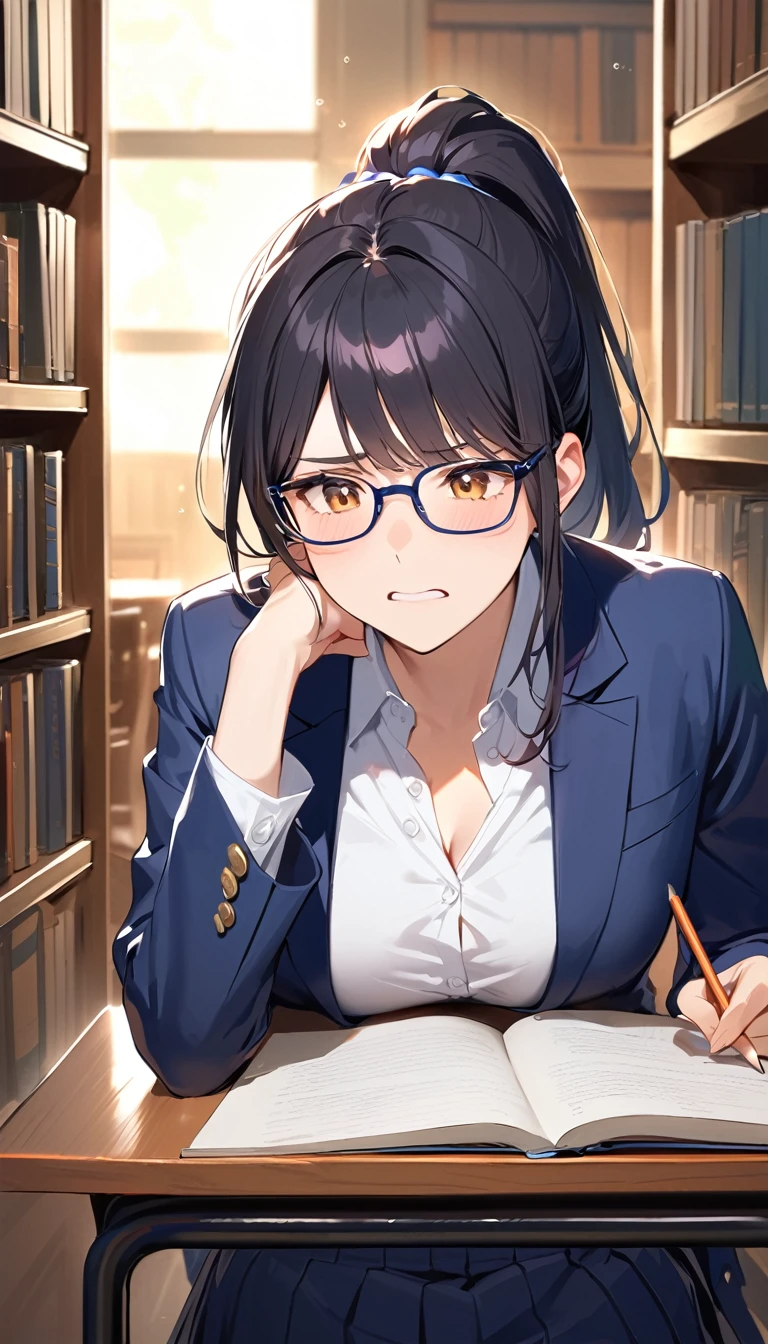 18 yeaes old, a woman, ponytail, Black Hair, Glasses, Troubled face, Navy blue blazer, White shirt, Navy blue long skirt, Studying in the library, high school student