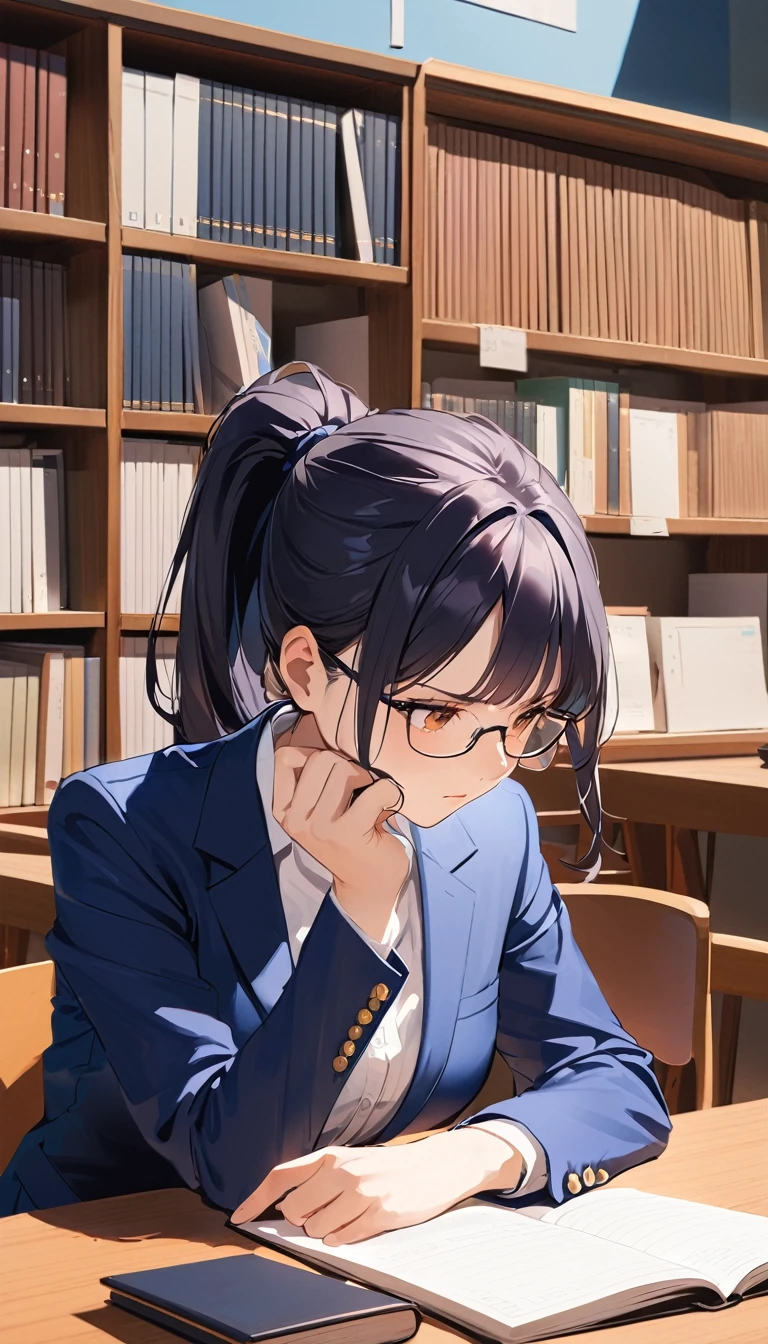 18 yeaes old, a woman, ponytail, Black Hair, Glasses, Troubled face, Navy blue blazer, White shirt, Navy blue long skirt, Studying in the library, high school student