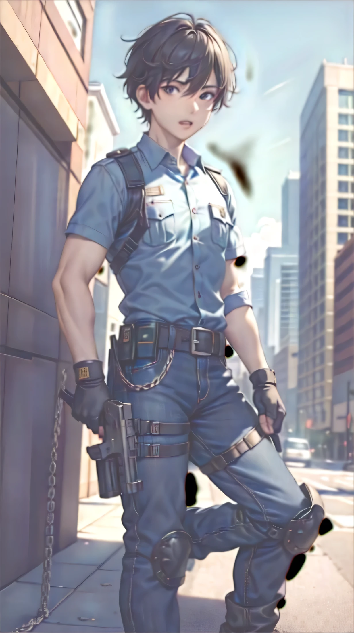 (masterpiece, highest quality, 8k, 16k, high quality, best quality:1.3, absurdres, highres, digital art, intricate), mashiro_es, 1boy, looking at viewer, open mouth, shirt, gloves, holding, jewelry, weapon, outdoors, shoes, teeth, black gloves, collared shirt, belt, pants, fingerless gloves, holding weapon, gun, chain, blue shirt, building, holding gun, handgun, city, blue pants, holster, one knee, police, police uniform, thigh holster