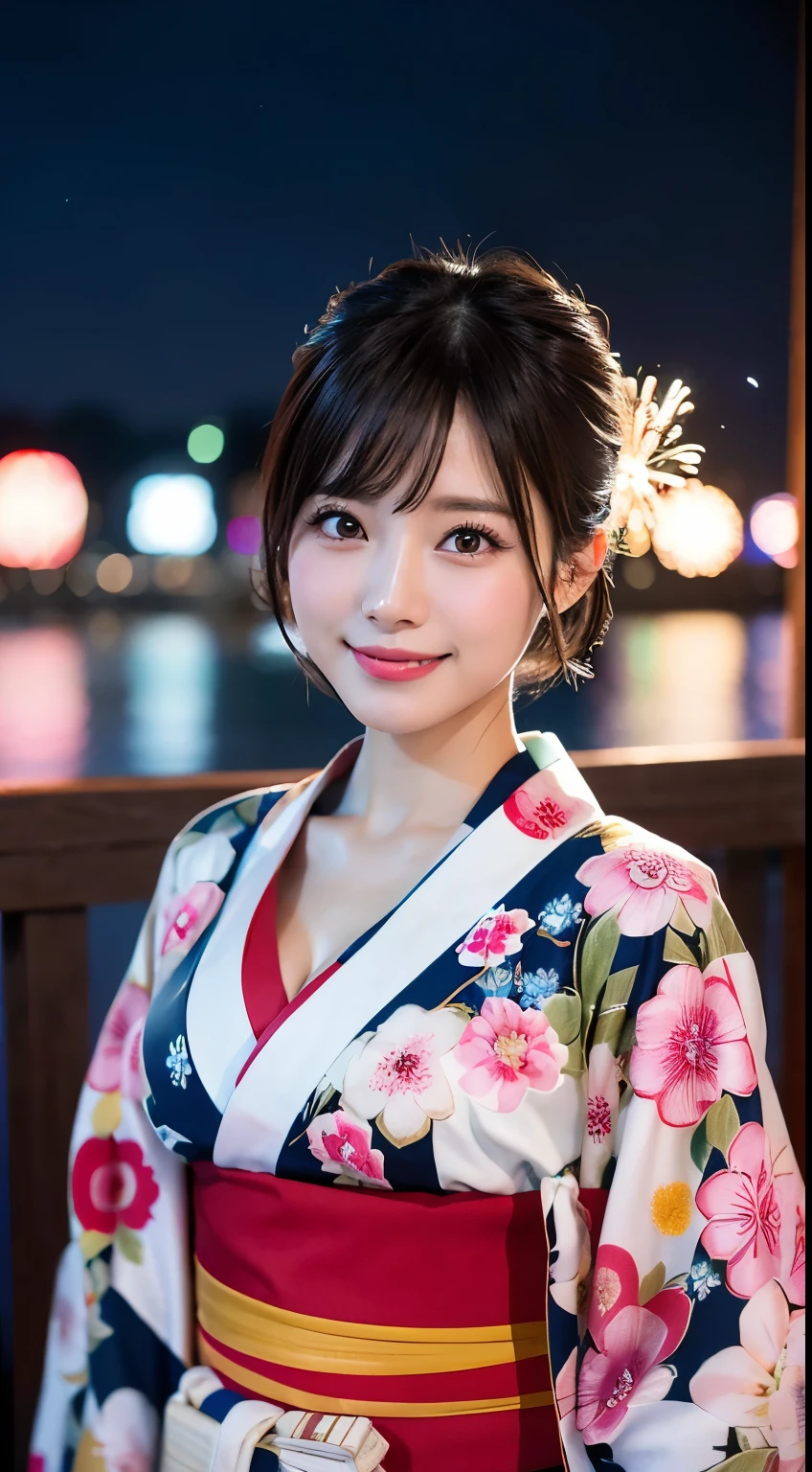 (8k、RAW Photosgraphy、Highest quality、masterpiece:1.2)、(Realistic、Photorealistic:1.37)、Ultra-high resolution、One Girl、cute、solo、night、Sitting、date、(Nose redness)、(Laughter:1.1)、(Closed)、huge 、Beautiful Eyes、(short hair:1.2)、(((Fireworks bursting into the sky、night)))、(((kimono、yukata)))、Cleavage、Perfect body、Perfect Fingers、Professional Lighting、Japanese Goddess、gravure、Detailed face and skin texture、Detailed eyes、RAW Photos