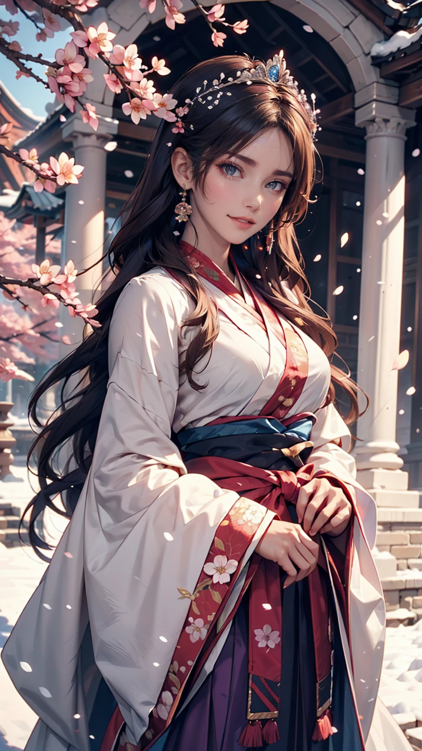 Bright Purple Taoist Robe, Hanfu long skirt, Big eyes, A masterpiece, an absolute beauty, 1 female, close. close, Healing Smile, Snow Scene, 4K quality, Twisted braid, Princess Hairstyle Princess Cut, Simple hair accessories, Plum blossom, people々Once you see it, you can't forget its beauty.