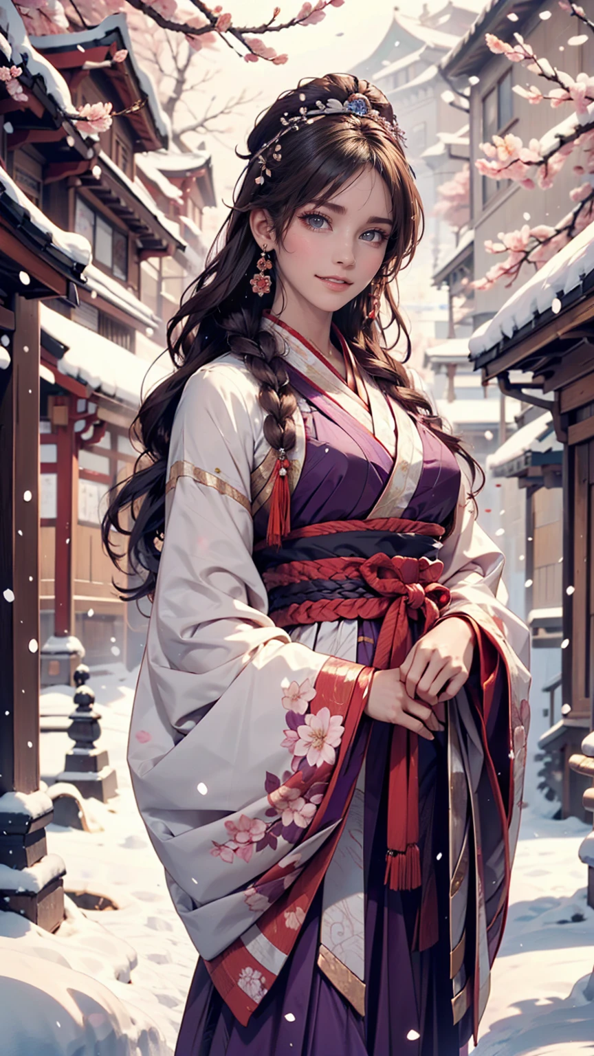 Bright Purple Taoist Robe, Hanfu long skirt, Big eyes, A masterpiece, an absolute beauty, 1 female, close. close, Healing Smile, Snow Scene, 4K quality, Twisted braid, Princess Hairstyle Princess Cut, Simple hair accessories, Plum blossom, people々Once you see it, you can't forget its beauty.