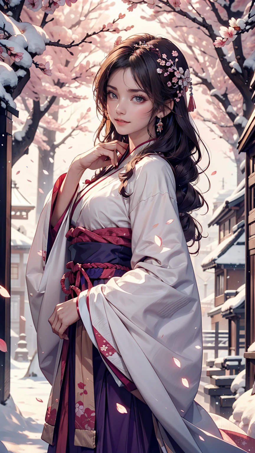 Bright Purple Taoist Robe, Hanfu long skirt, Big eyes, A masterpiece, an absolute beauty, 1 female, close. close, Healing Smile, Snow Scene, 4K quality, Twisted braid, Princess Hairstyle Princess Cut, Simple hair accessories, Plum blossom, people々Once you see it, you can't forget its beauty.