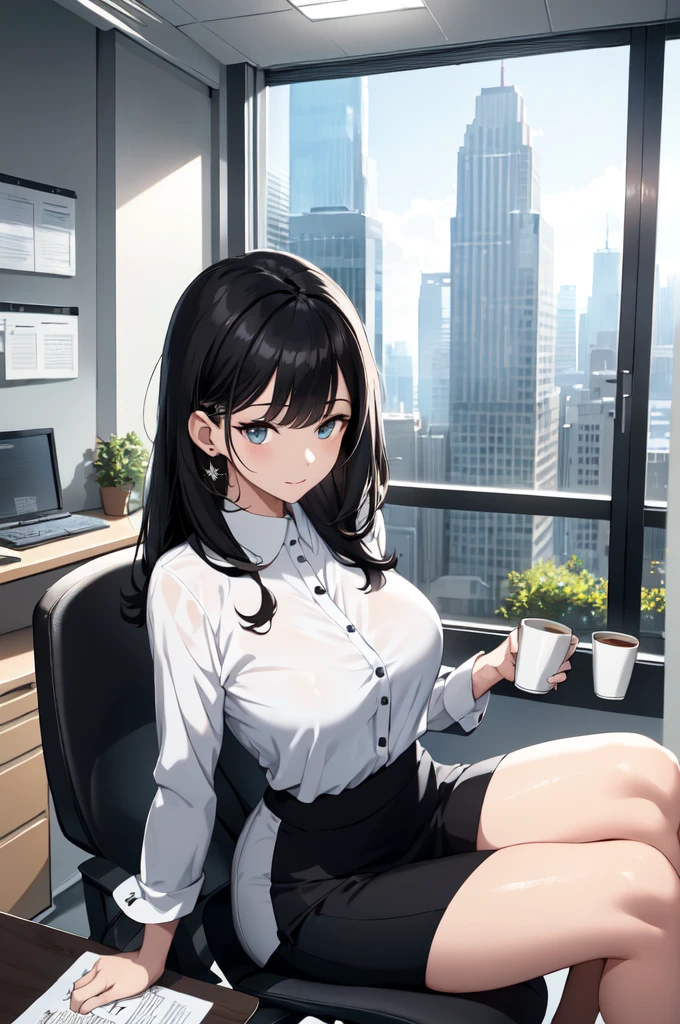 1girl, female masturbation, office lady, office, pencil skirt, skirt lift, spread legs, , white shirt, lanyard, thighhighs, coffee mug, suggestive fluid,, masterpiece, best quality, highly detailed