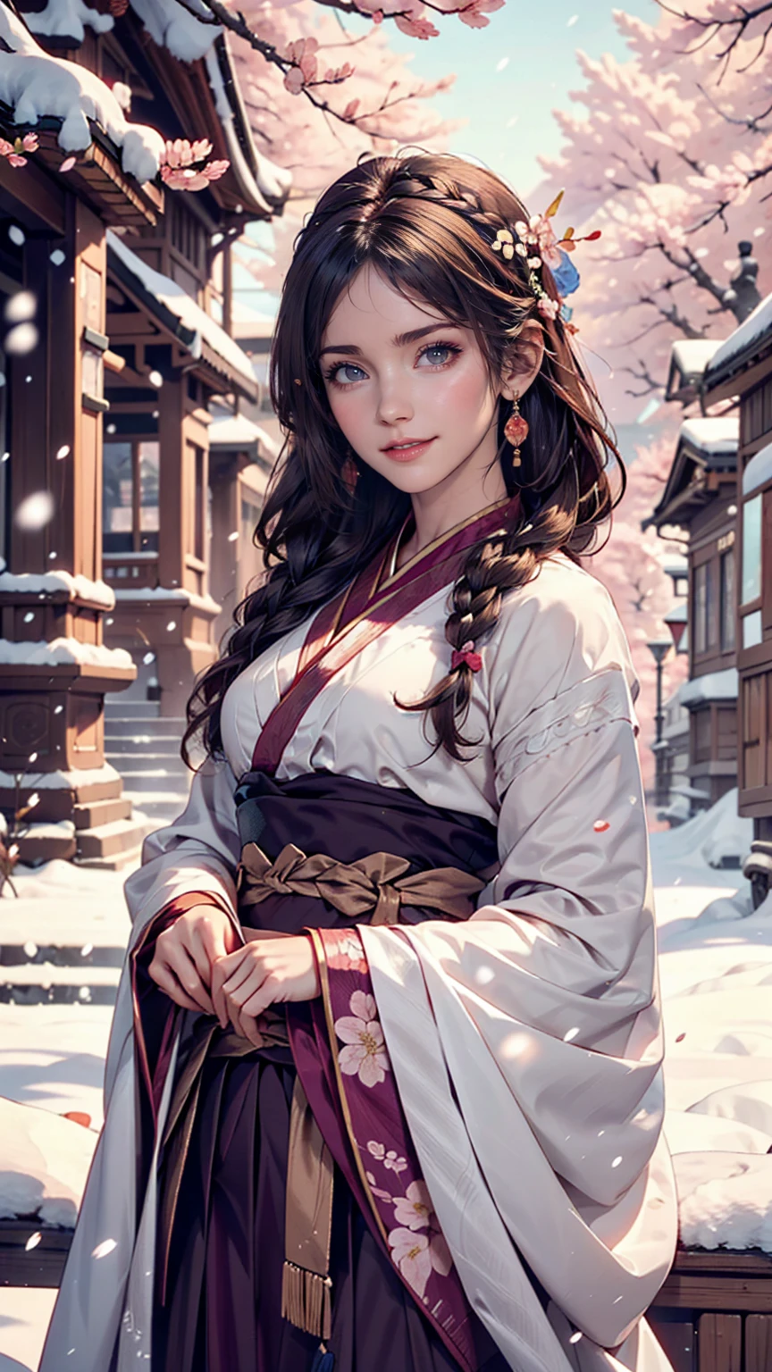 Bright Purple Taoist Robe, Hanfu long skirt, Big eyes, A masterpiece, an absolute beauty, 1 female, close. close, Healing Smile, Snow Scene, 4K quality, Twisted braid, Princess Hairstyle Princess Cut, Simple hair accessories, Plum blossom, people々Once you see it, you can&#39;t forget its beauty.