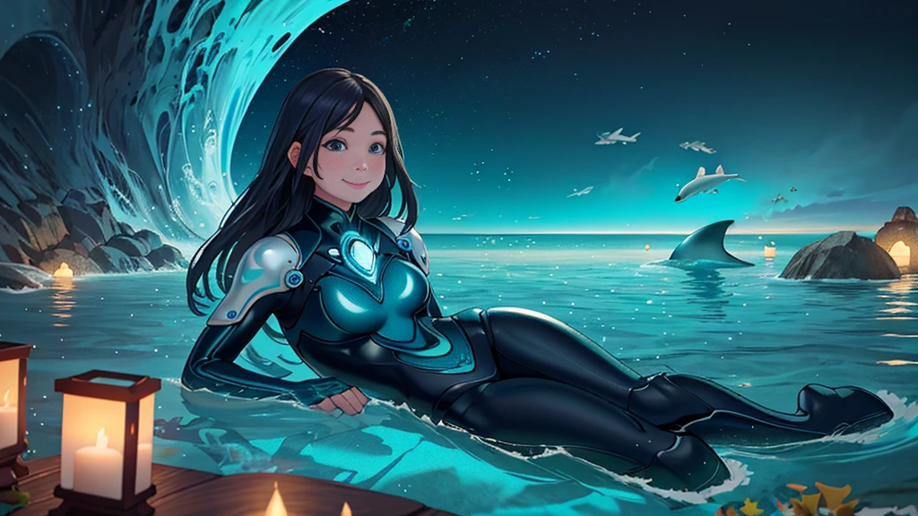 {best quality}, {very aesthetic}, {ultra-detailed}, {8k}, {Super elaborate face}, {Super-smart body}, A woman playing with dolphins on the ocean floor in midsummer, Ocean floor at dusk, smile,