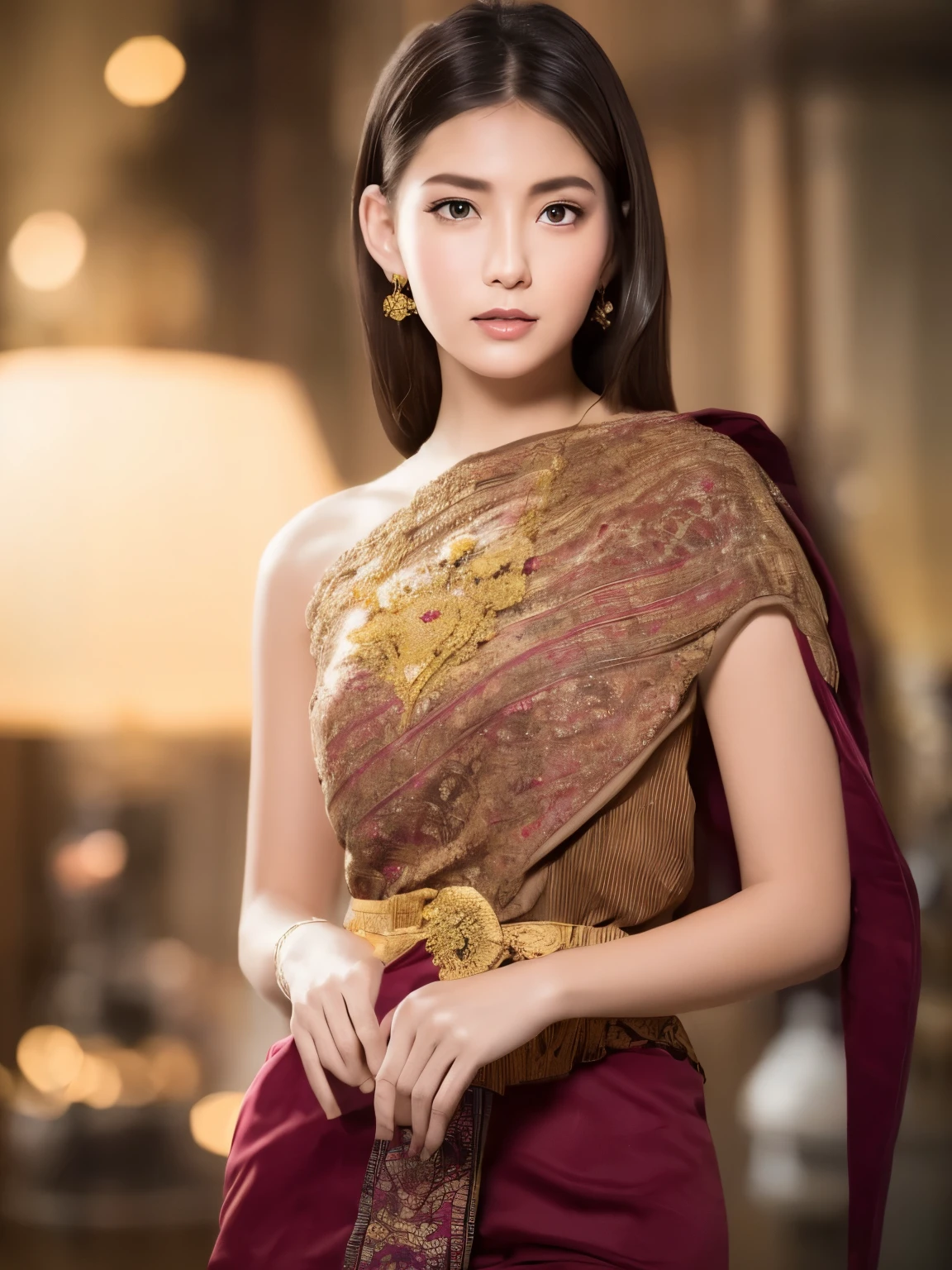 (RAW photo:1.2), (photorealistic:1.4), (masterpiece:1.3), (best quality:1.4), ultra high res, (detailed eyes), (detailed facial features),(detailed clothes features), HDR, 8k resolution, solo focus, thai tradition dress, tradition shawl, golden jewelry, 1 girl, facing to viewer, full body, depth of field, cinematic light, (adorable girl with rim lighting :1.2), (((perfect body shape ))), 21 year old, (Eurasian face), (pale skin),(gorgeous short hair:1.1), (dark hair:1.11), Random body orientation,