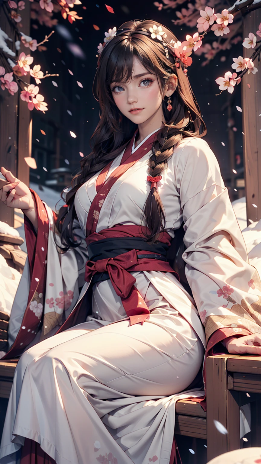 Bright Purple Taoist Robe, Hanfu long skirt, Big eyes, A masterpiece, an absolute beauty, 1 female, close. close, Healing Smile, Snow Scene, 4K quality, Twisted braid, Princess Hairstyle Princess Cut, Simple hair accessories, Plum blossom, people々Once you see it, you can't forget its beauty.