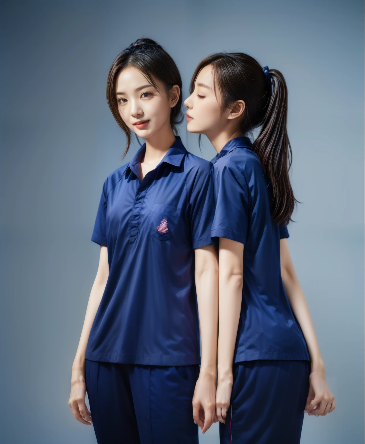 (best quality,10,10,height,Masterpiece:1.2),Special details,(realistic,ภาพrealistic,Realistic photos:1.37),1 Cute girl in the kitchen,shiny, ผิวshiny,only,smile softly,BDclothelue shirt:1.3)),short sleeve,shirt, กางเกงขาlong.,(navy_long_track pants:1.1), ((Kitchen Background)),Dynamic angle,excited,Face focus,dynamic poses,from behind,focus on ass,Masterpiece, best quality, ultra realistic, hyper detail, 8k resolution, raw photos, Sharp focus, ((Navy blue shirt:1.1)), short sleeve, เส้นทางlong, perfect body, 2 mature women, 18 years old, Cinema-grade lighting system,blue sweatpants,shirtผ้าออกกำลังกาย,correct anatomy,perfect body, correct body, Sharp face, correct bodyทางกายวิภาค, full body, realistic gestures, long-haired, realistic poses,Wear long shorts...........................,ช่วงขาlong,Good shape,carved girl, Slender figure, model, Good shape, beautiful body,blue sweatpants, two girls kissing