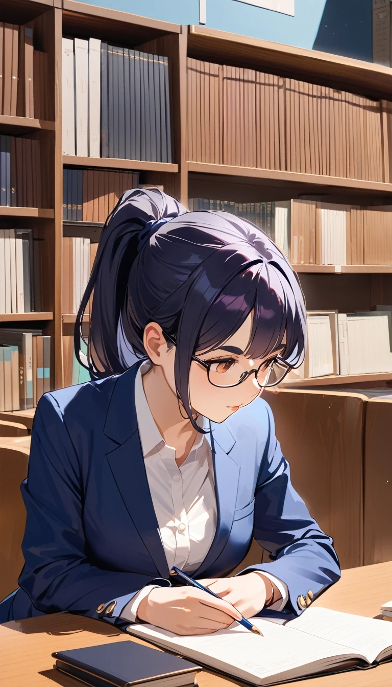 18 yeaes old, a woman, ponytail, Black Hair, Glasses, Thick eyebrows, Navy blue blazer, White shirt, Navy blue long skirt, Studying in the library, high school student