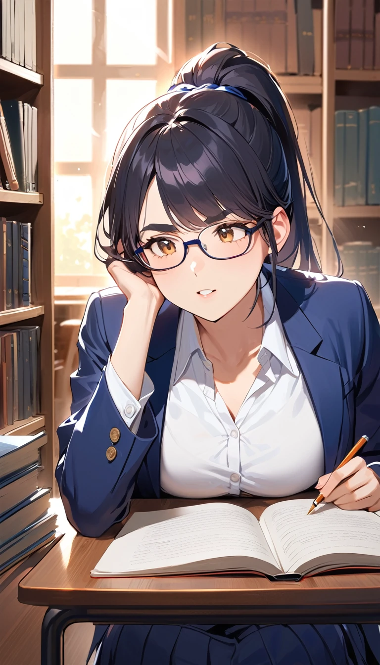 18 yeaes old, a woman, ponytail, Black Hair, Glasses, Thick eyebrows, Navy blue blazer, White shirt, Navy blue long skirt, Studying in the library, high school student