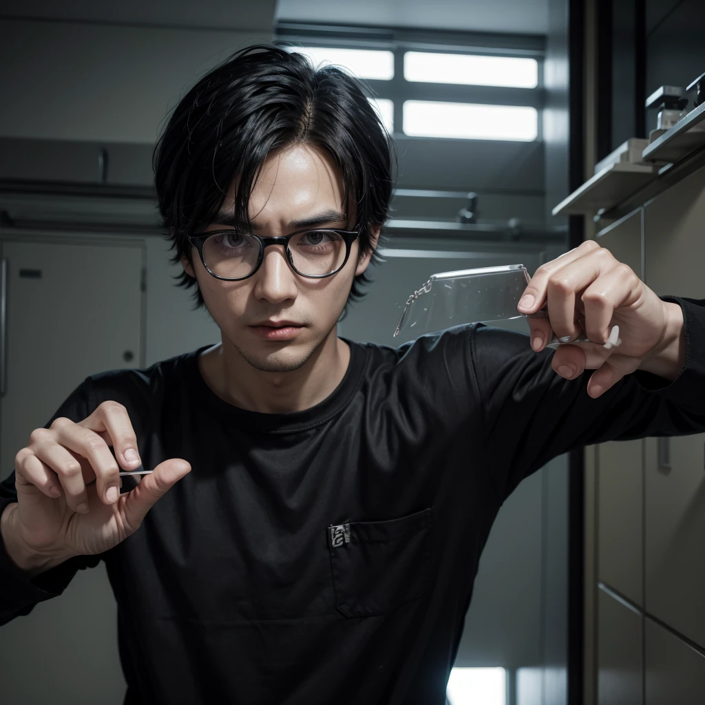 It depicts a black-haired man with glasses in a mental hospital outfit with superpowers coming out of a laboratory