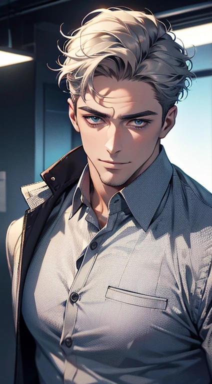 (best quality,4k,8k,highres,masterpiece:1.2),ultra-detailed,(realistic,photorealistic,photo-realistic:1.37),1 man,31 years old,mature man,very handsome,without expression,smile,short grey hair,blue eyes,penetrating gaze,perfect face without errors,imposing posture,businessman,office background,cinematic lighting,hdr image
