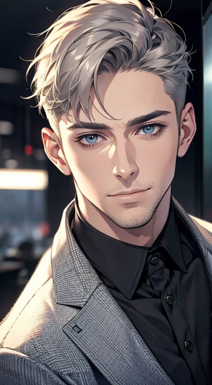 (best quality,4k,8k,highres,masterpiece:1.2),ultra-detailed,(realistic,photorealistic,photo-realistic:1.37),1 man,31 years old,mature man,very handsome,without expression,smile,short grey hair,blue eyes,penetrating gaze,perfect face without errors,imposing posture,businessman,office background,cinematic lighting,hdr image