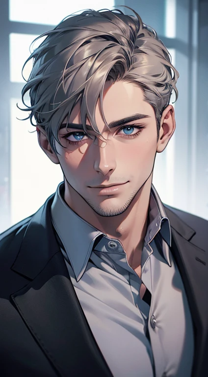 (best quality,4k,8k,highres,masterpiece:1.2),ultra-detailed,(realistic,photorealistic,photo-realistic:1.37),1 man,31 years old,mature man,very handsome,without expression,smile,short grey hair,blue eyes,penetrating gaze,perfect face without errors,imposing posture,businessman,office background,cinematic lighting,hdr image