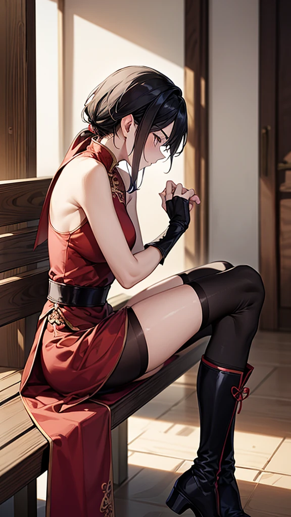 score_9, score_8_up, score_7_up, source_anime, realistic  BREAK 1girl, solo, adasweater, black hair, short hair, black eyes, red sweater, turtleneck, harness, pantyhose, black gloves, belt, parted lips, looking at viewer, lips, east asian architecture, chinese, china, indoors, ribbed sweater, wide hips, blush, contrapposto,((( 5 toes, black toe nails, Focus full body, tied ankles together,tied arms, with no shoes,)))