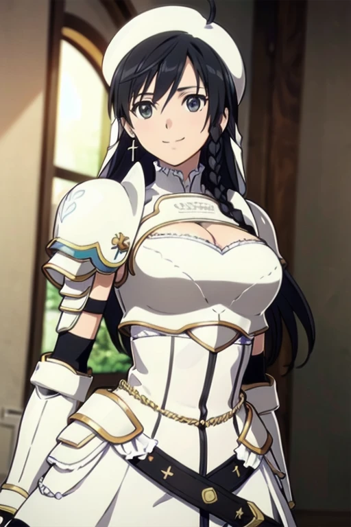 Sonia Blanche, cross earrings, hair ornament, veil, armored dress, pauldrons, breastplate, gauntlets, belt, skirt, greaves, (white beret), 1girl, solo, upper body, big breasts, facing viewer, looking at viewer, smile, hands on hips, (simple white background)