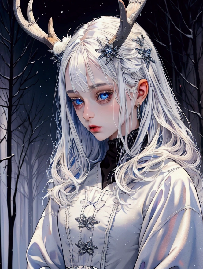 Female, small, Silver hair, human deer hybrid, blue eyes, pale skin, soft features, doll-like. high res, high quality, masterpiece, amazingly done, (colorful), work of art snowy background, DEER HYBRID.
