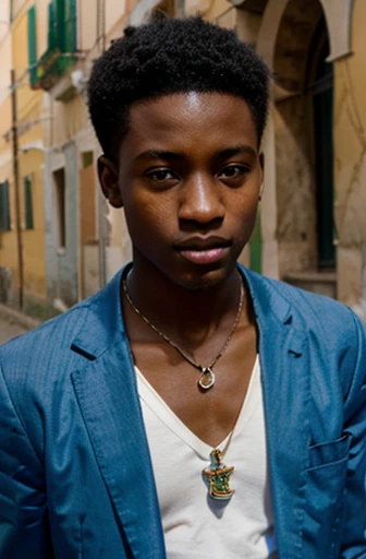 african boy with a magic necklace in italy