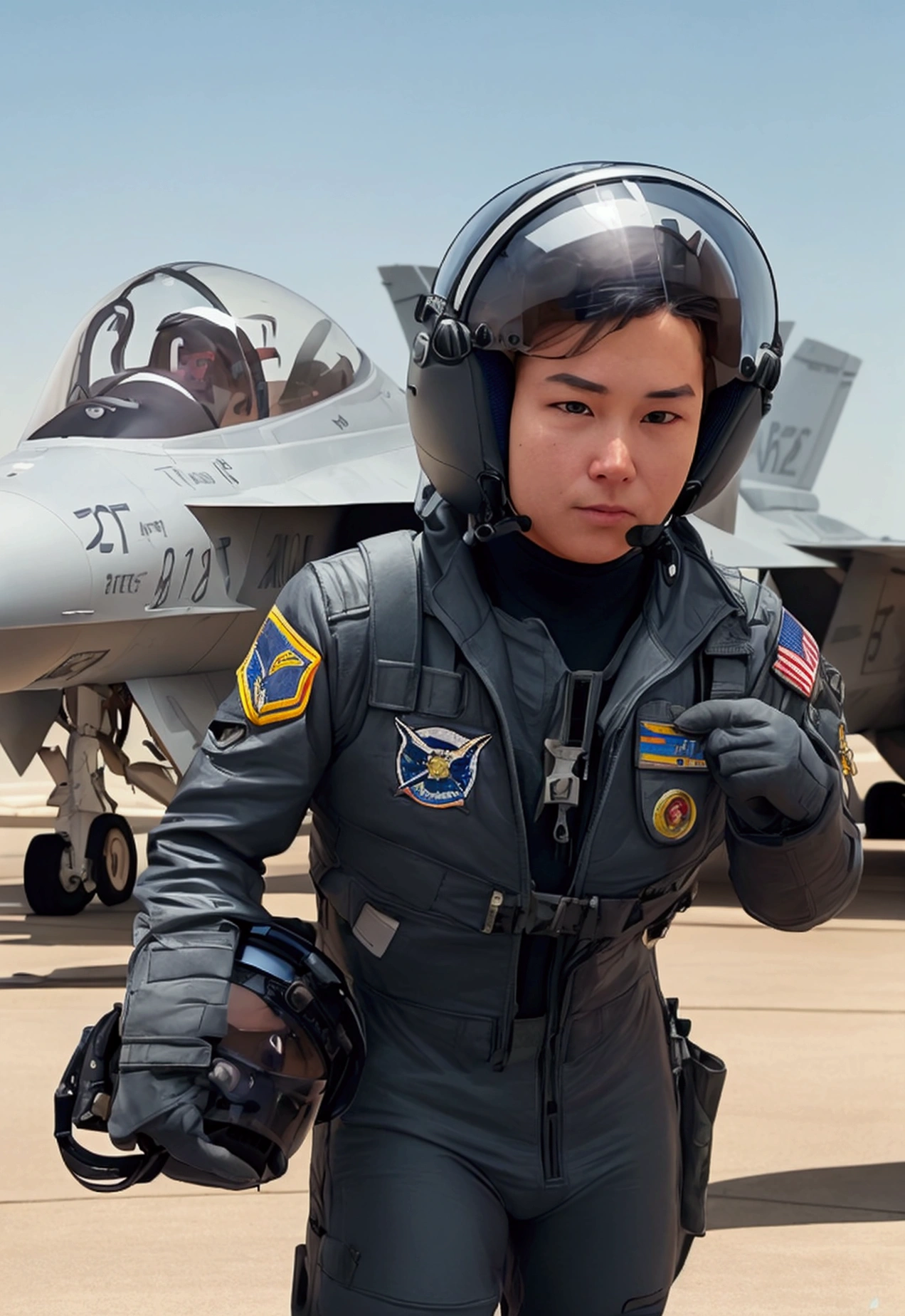 Illustrates a highly realistic scene featuring an elite pilot reminiscent of "Top Gun". The cat is dressed in an authentic flight suit, standing confidently next to an F-18 fighter jet at an active air base. The cat holds a flight helmet under one arm, radiating a sense of preparation and determination. The background must include a dynamic military air base environment with aircraft, hangars and ground crew in action. Emphasizes realistic details such as the texture and design of the flight suit and helmet, and the structural elements of the aircraft. The cat&#39;s expression should convey confidence and concentration, capturing the essence of a top-notch pilot preparing for a critical mission. Key Elements to Include: Single cat pilot with authentic and detailed flight suit. The cat holds a flight helmet under his arm. The F-18 fighter jet is highlighted in the background. Active air base with airplanes, hangars and ground crew busy. Cat expression reflecting confidence and determination. style: Highly realistic with focus on detailed and authentic elements, evoking the spirit of "Top Gun".