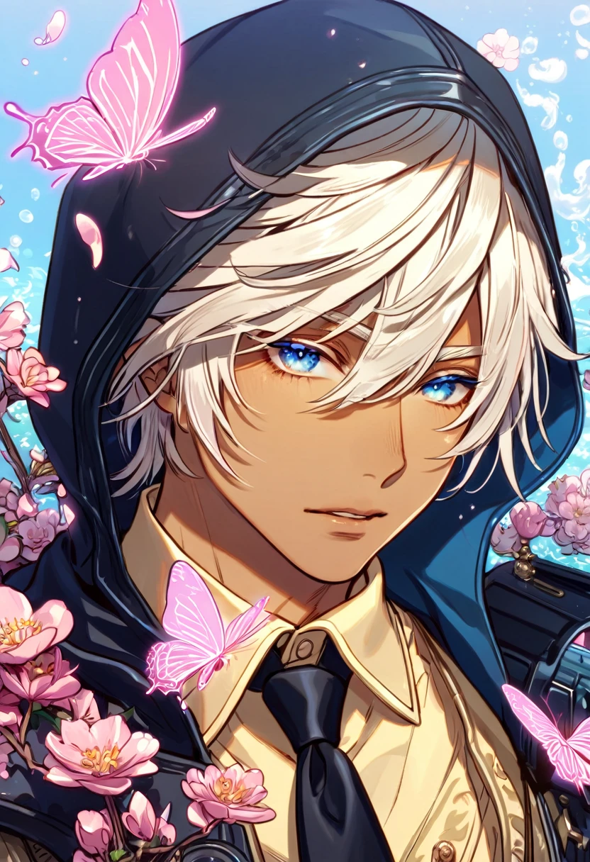 absurdres, highres, ultra detailed, HDR, master piece, best quality, extremely detailed face, delicated features, Soma Schicksal, platinum blond hair, expressive blue eyes, tanned skin, God Eater, solo, sexy man, handsome, dark blue hooded coat, yellow shirt, black necktie, water, blossoms, pink flowers, pink butterflies, fantasy, magic, radiant