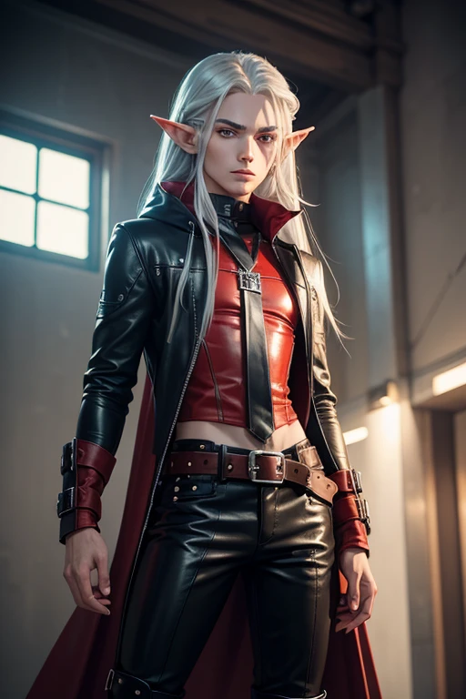 elf man, 25 years old,high, very long straight silver hair, silver eyes, wearing rascal clothes, very androgynous, with a long red hood, black high boots, black leather pants and brown leather belt.