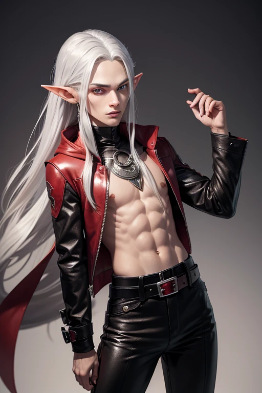 elf man, 25 years old,high, very long straight silver hair, silver eyes, wearing rascal clothes,  very androgynous, with a long red hood, black high boots, black leather pants and brown leather belt.