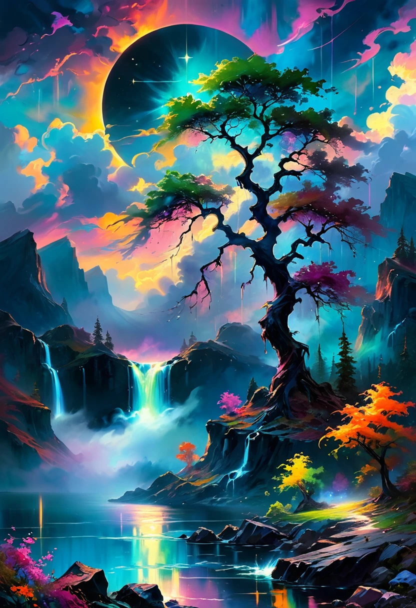 Under the eerie glow of a eclipse, a dark and ominous landscape unfolds. A vibrant, colorful tree stands by the edge of a serene lake, its vivid hues contrasting starkly with the foreboding atmosphere. In the background, a waterfall cascades down jagged rocks, the water glistening in the eclipse. Thick, swirling clouds loom overhead, adding to the sense of an evil presence. The eclipse filters through the clouds, casting an otherworldly glow over the scene. A falling star streaks across the sky, adding a touch of mysticism to the night. The air is thick with a sense of ancient secrets and dark magic, as if the very night is alive with hidden power. [romantic impressionism,dream scenery art,beautiful oil matte painting,romantic,style of thomas kinkade,beautiful digital painting,anime landscape,romantic painting,dreamlike digital painting,colorful painting,beautiful gorgeous digital art,style of greg rutkowski,janek sedlar,jenny saville:0]