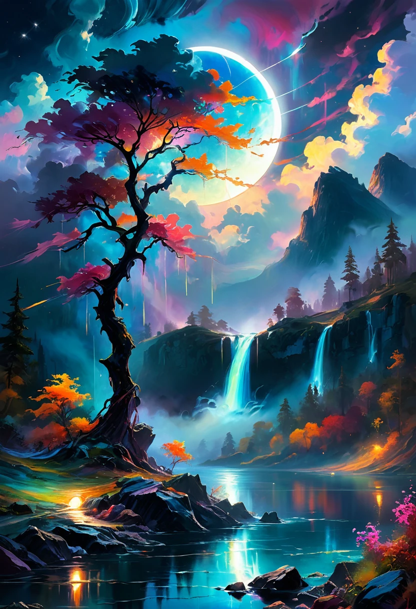 Under the eerie glow of a eclipse, a dark and ominous landscape unfolds. A vibrant, colorful tree stands by the edge of a serene lake, its vivid hues contrasting starkly with the foreboding atmosphere. In the background, a waterfall cascades down jagged rocks, the water glistening in the eclipse. Thick, swirling clouds loom overhead, adding to the sense of an evil presence. The eclipse filters through the clouds, casting an otherworldly glow over the scene. A falling star streaks across the sky, adding a touch of mysticism to the night. The air is thick with a sense of ancient secrets and dark magic, as if the very night is alive with hidden power. [romantic impressionism,dream scenery art,beautiful oil matte painting,romantic,style of thomas kinkade,beautiful digital painting,anime landscape,romantic painting,dreamlike digital painting,colorful painting,beautiful gorgeous digital art,style of greg rutkowski,janek sedlar,jenny saville:0]