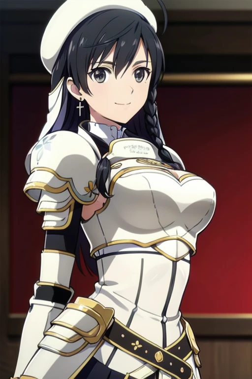 Sonia Blanche, cross earrings, hair ornament, veil, armored dress, pauldrons, breastplate, gauntlets, belt, skirt, greaves, (white beret), 1girl, solo, upper body, big breasts, facing viewer, looking at viewer, smile, close-up, blurry background