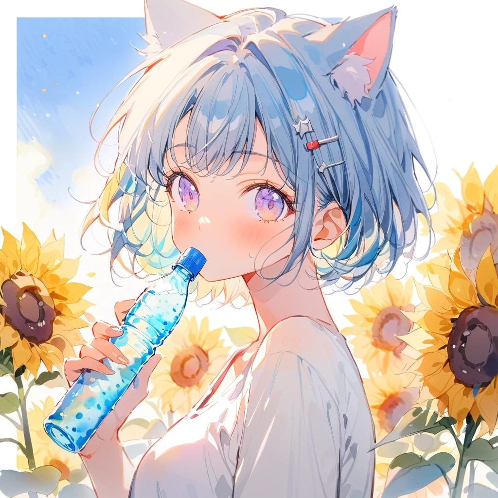 best quality, beautiful, (watercolor:1.2), girl, light blue, blue hair, short hair, cat ear, Upper Body, white t-shirts, drinking ramune, look at me, big light color hairpin, sunflower background, blue sky